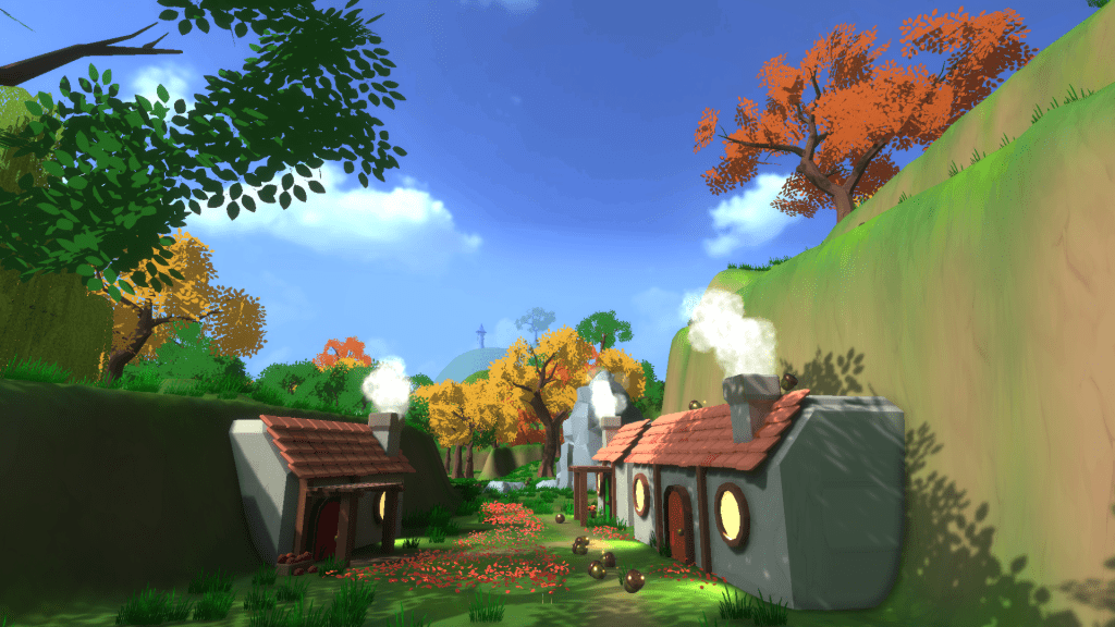A screenshot from Snouty And The Great Rift, showing a path between houses